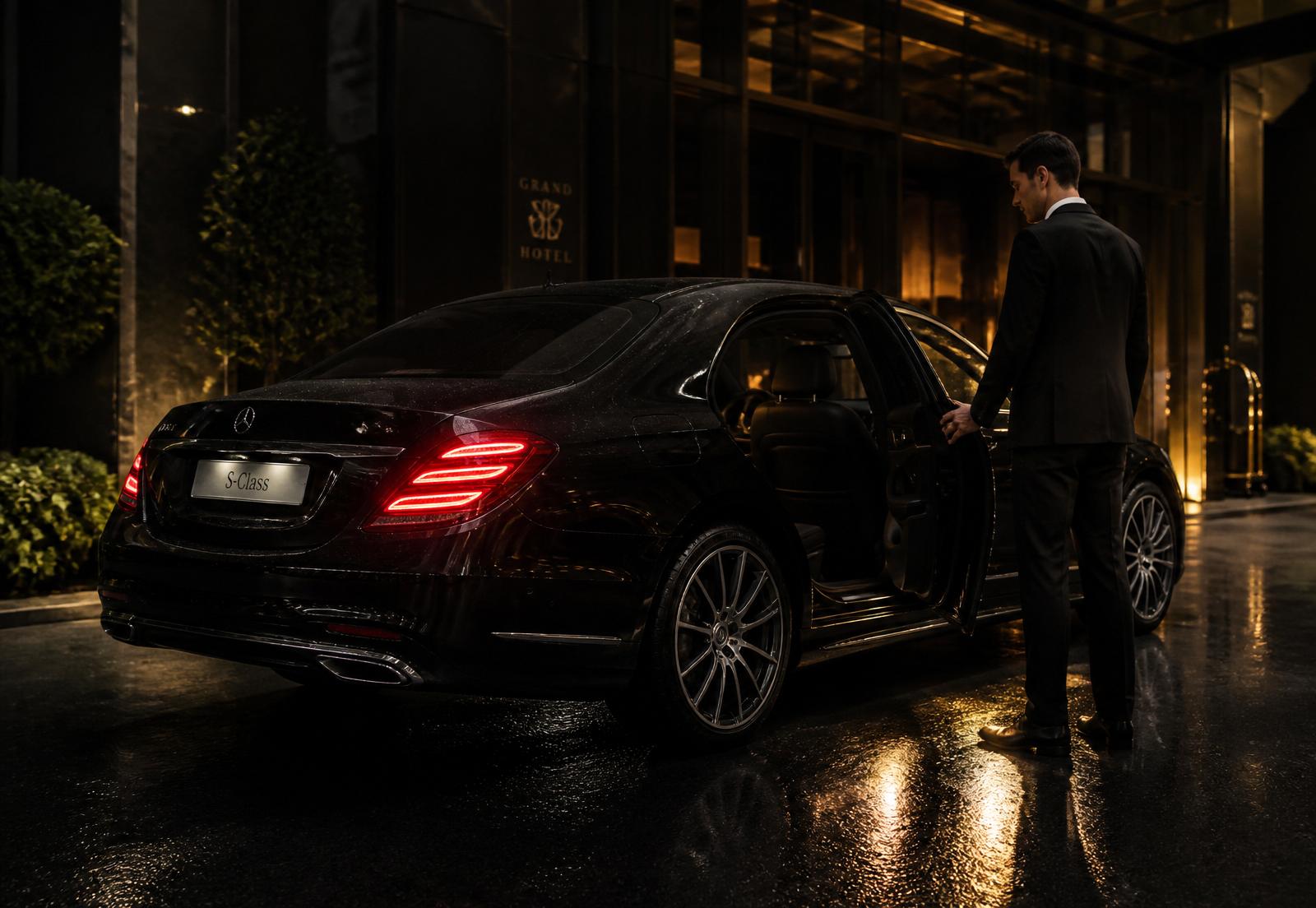 Chauffeur opening the door of a black luxury sedan at a hotel entrance